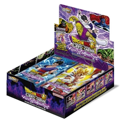 Caixa de cartas colecionáveis Dragon Ball Super com personagens e texto promocional