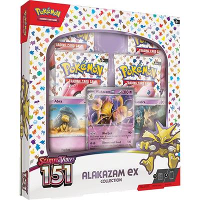 Caixa de coleção Pokémon Alakazam ex com cartas visíveis e design colorido.