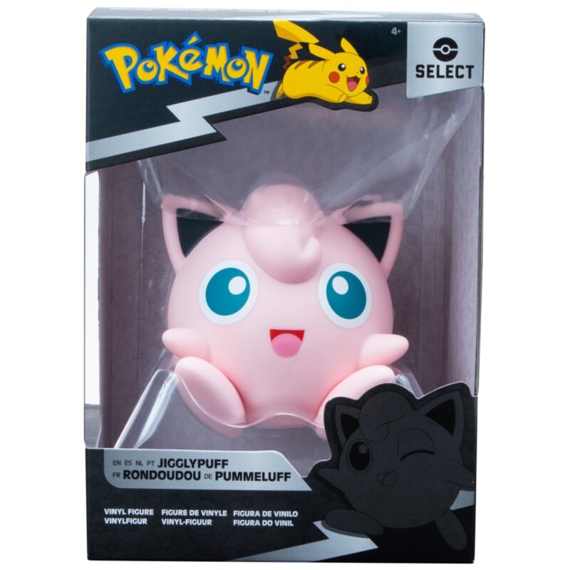 Figura de vinil Pokémon Jigglypuff rosa claro em embalagem transparente com texto