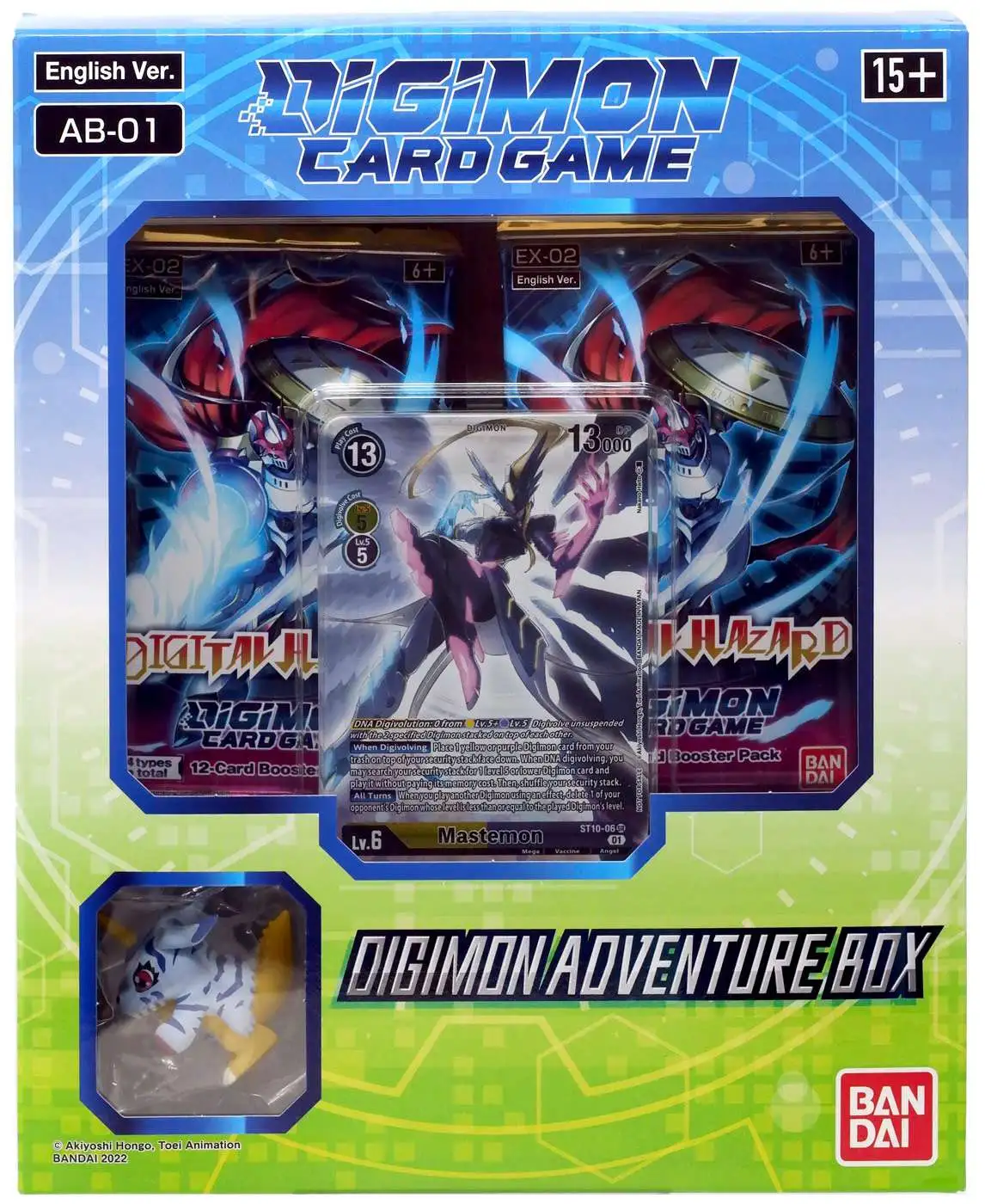 Caixa de jogo Digimon Card Game com cartas, figura e texto em azul, verde e branco