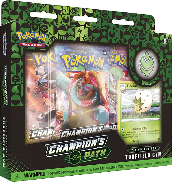 Caixa do jogo de cartas Pokémon Champion's Path Turffield Gym com três cartas visíveis