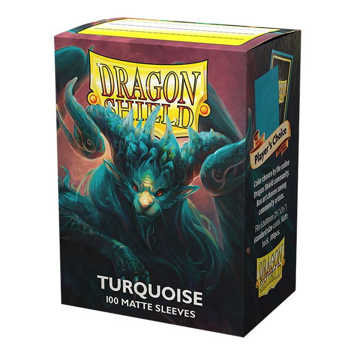 Caixa de Dragon Shield Turquoise com arte de criatura azul e texto visível