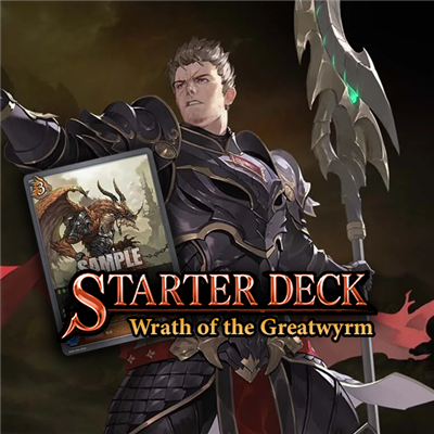 Personagem em armadura negra com lança, cartão de jogo com dragão, texto Starter Deck Wrath of the Greatwyrm