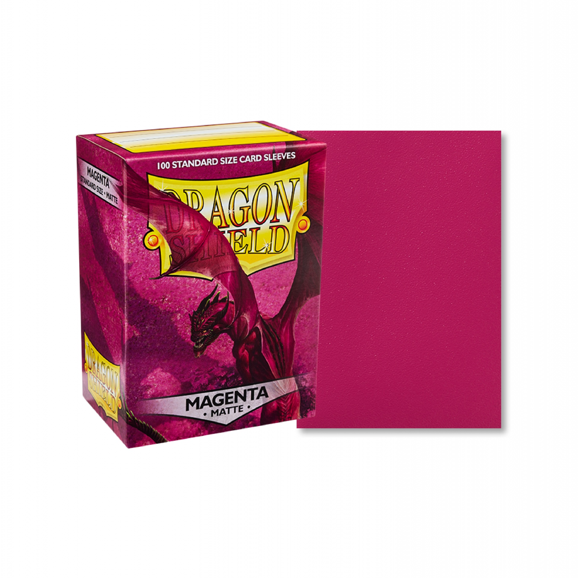 Sleeves para cartas Dragon Shield magenta fosca com caixa e dragão na embalagem