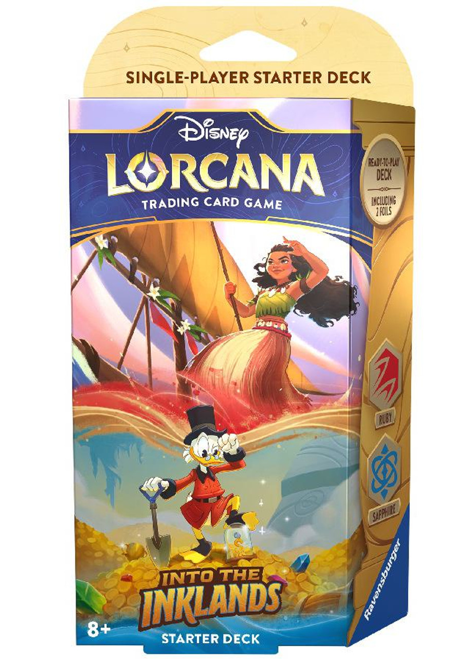 Pack de jogo de cartas Disney Lorcana com personagens coloridos e texto 'INTO THE INKLANDS'.