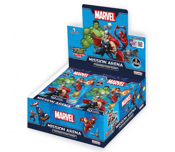 Embalagem azul de cartão do jogo de cartas Marvel Mission Arena com personagens ilustrados.