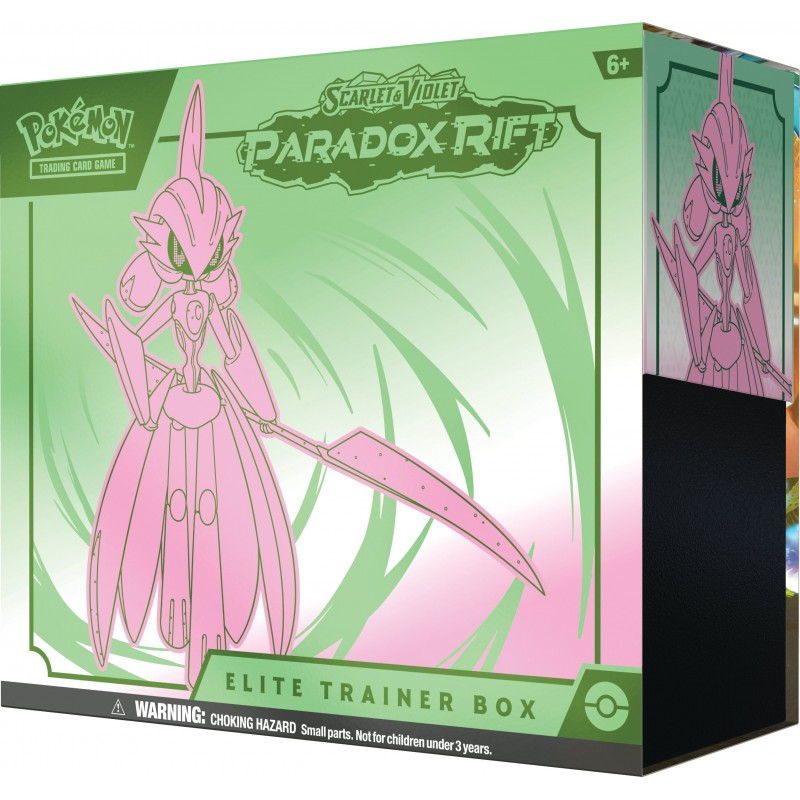 Caixa Pokémon SCARLET & VIOLET PARADOX RIFT ELITE TRAINER BOX verde com personagem rosa e texto em inglês