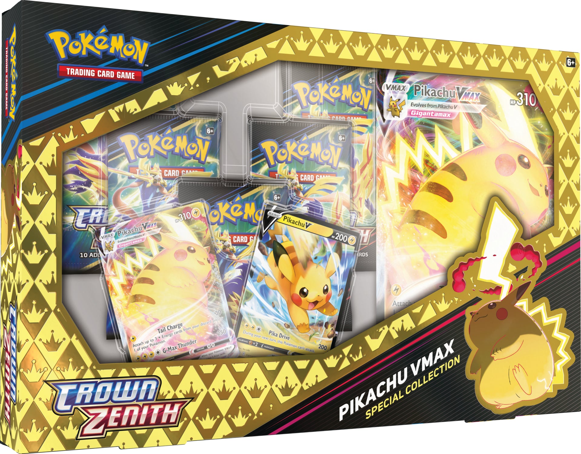 Caixa de coleção Pokémon com cartas de Pikachu VMAX em destaque amarelo e preto.