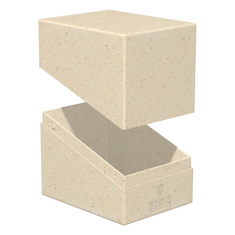 Caixa retangular creme aberta com tampa suspensa e texto Return to Earth