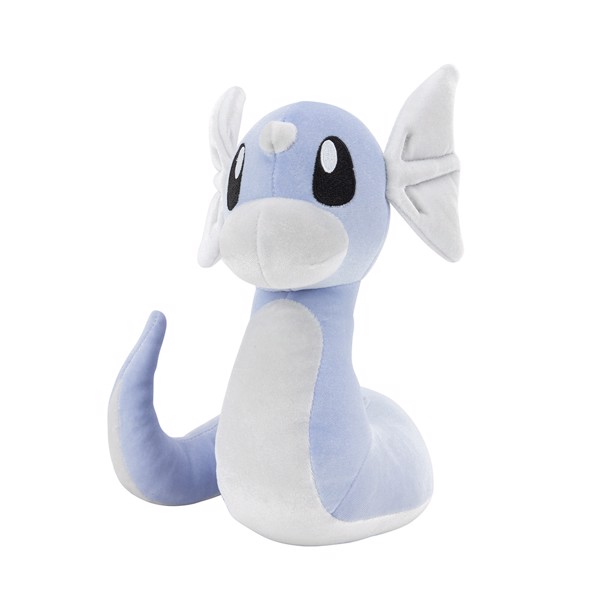 Pelúcia Pokémon Dragonite azul e branca com olhos grandes