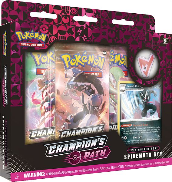 Embalagem Pokémon Trading Card Game Champion's Path com cartas e carta Galarian Obstagoon visível
