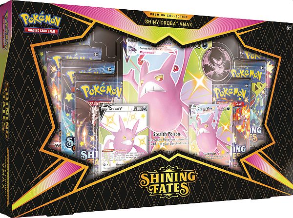 Caixa do conjunto de cartas Pokémon Shining Fates com figuras cor-de-rosa e preta