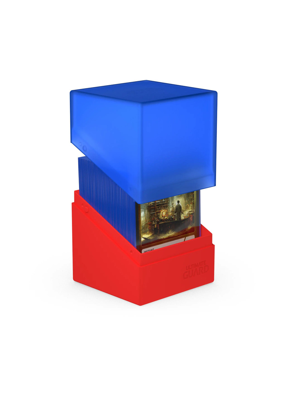 Suporte vermelho com cartões azuis e tampa azul translúcida com texto