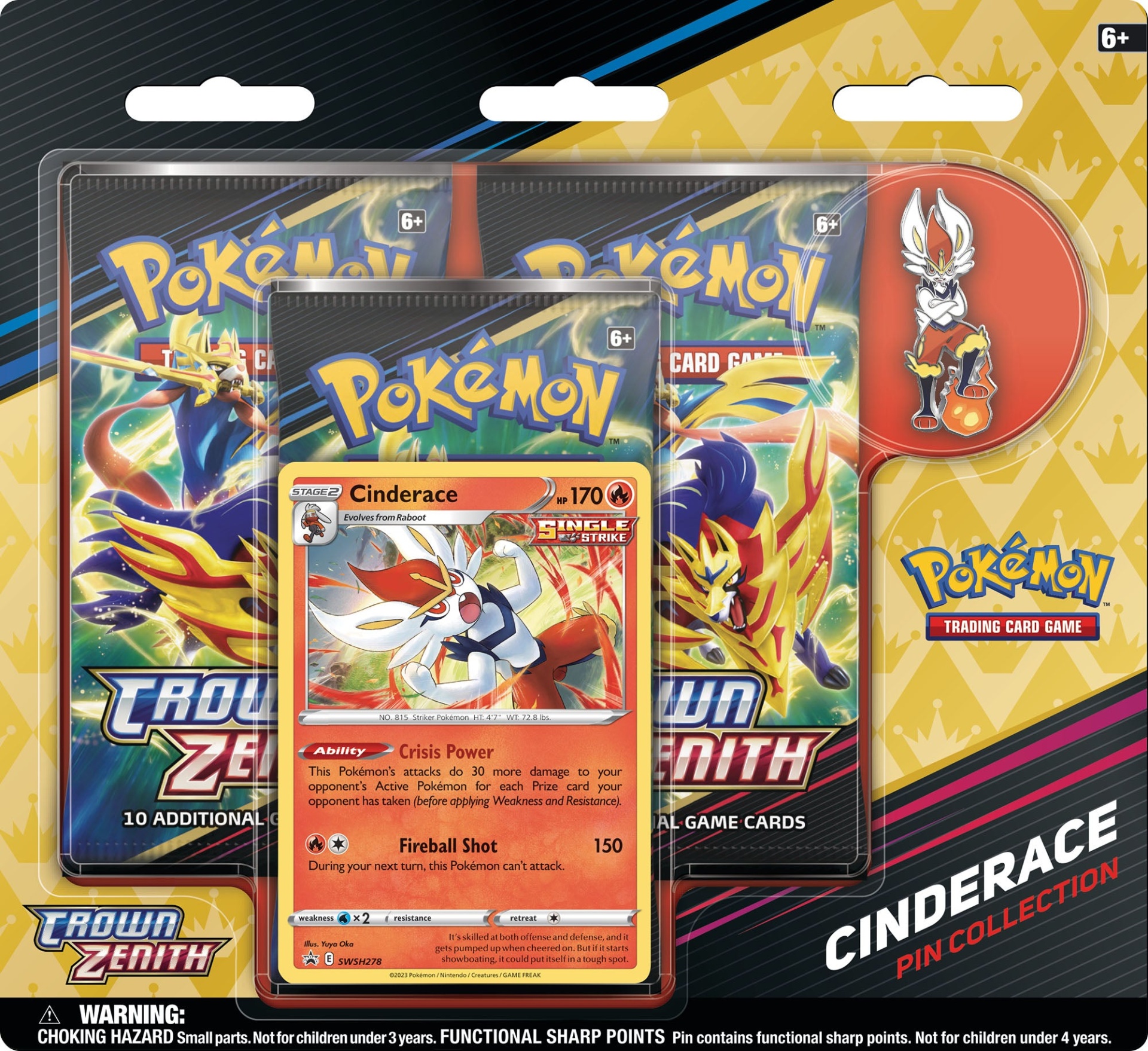 Conjunto Pokémon Cinderace Pin Collection com cartas e pin em embalagem de plástico