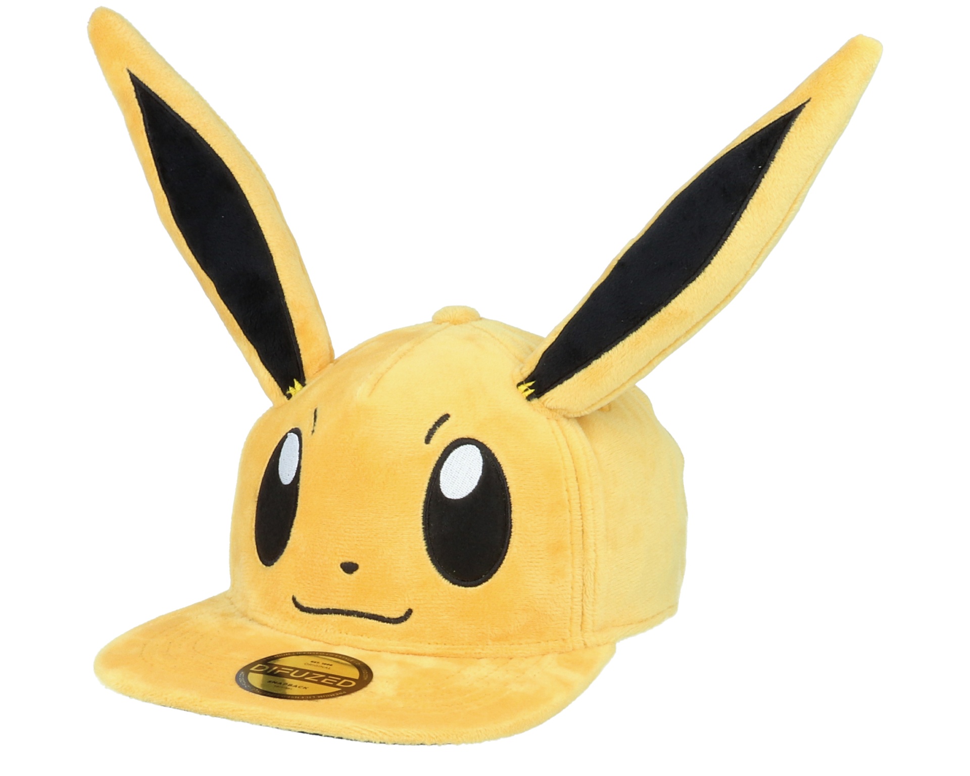 Boné amarelo com orelhas grandes pretas e olhos expressivos