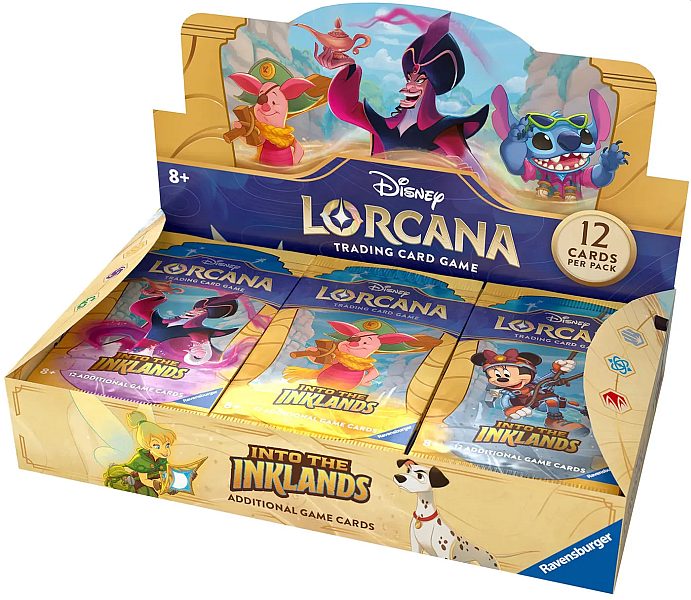 Caixa de packs do jogo de cartas Disney Lorcana Into the Inklands para crianças a partir dos 8 anos