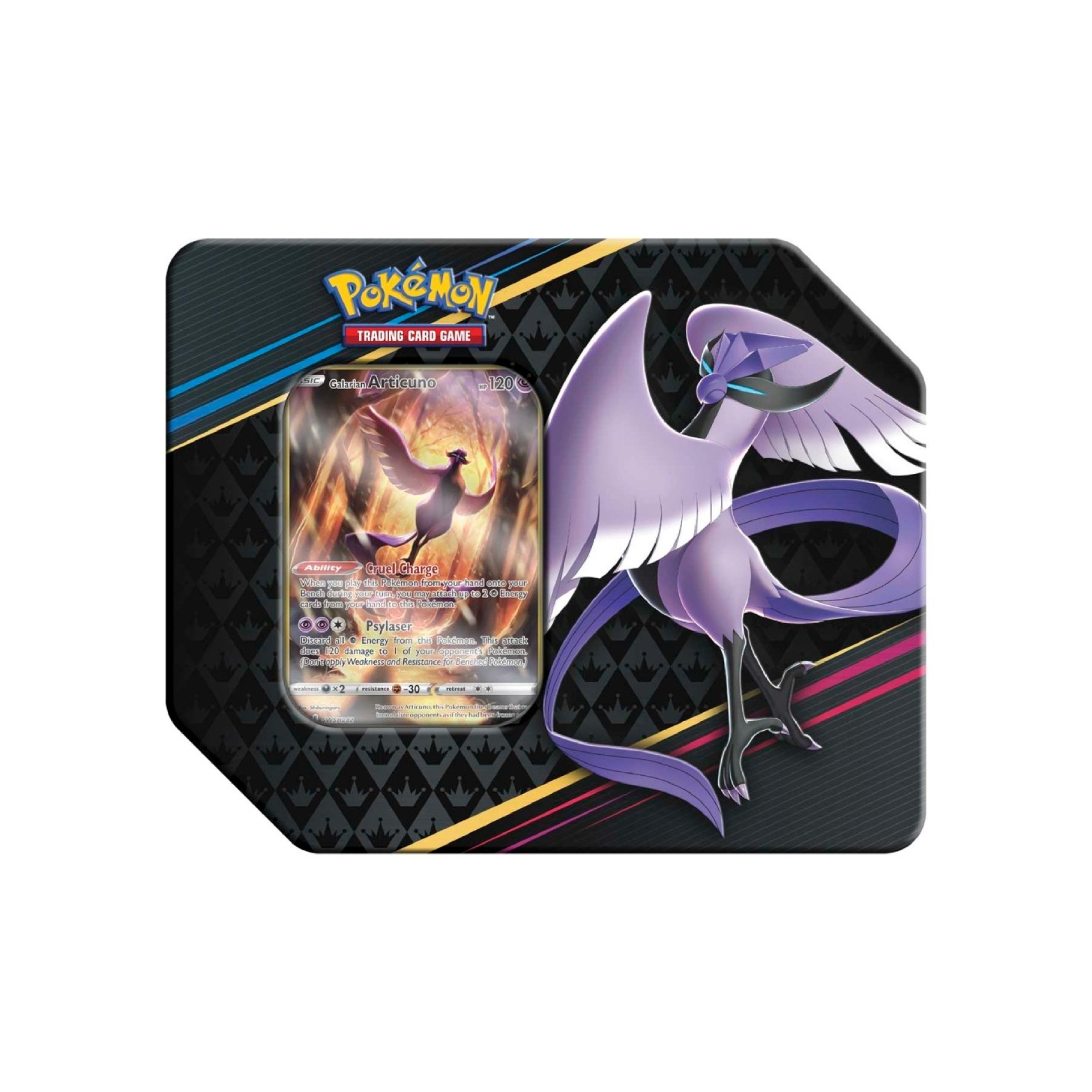 Embalagem metálica preta com carta Pokémon de Moltres visível