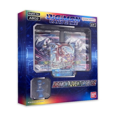 Caixa do jogo de cartas Digimon Adventure Box 2 da Bandai Namco com cartão em destaque