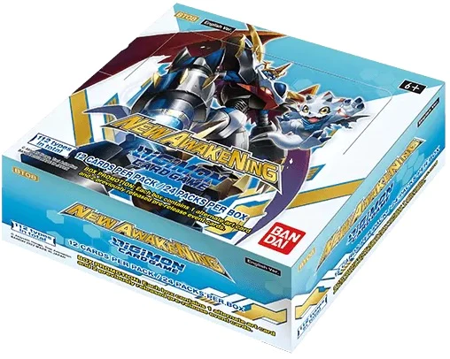 Caixa de cartas colecionáveis New Awakening Pokémon TCG com design azul e branco e ilustrações de Pokémon.