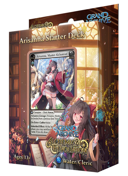 Embalagem do jogo Grand Archive Alchemical Revolution Arisanna Starter Deck com personagem feminina e cartão em destaque