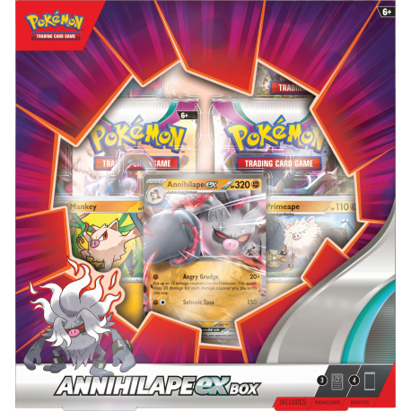 Caixa Pokémon Annihilape EX com cartas visíveis e cores branco, vermelho, púrpura e cinza