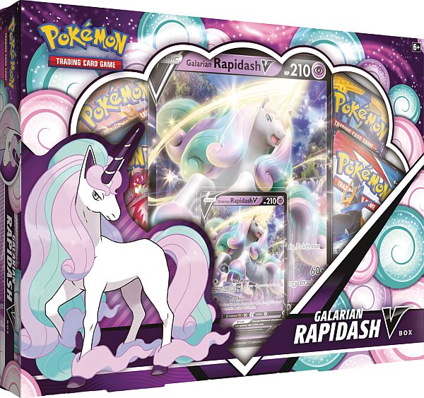 Caixa Pokémon Galarian Rapidash V Box com cartas e arte do Pokémon