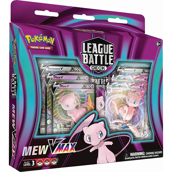 Caixa roxa de jogo de cartas Pokémon League Battle Deck Mew VMAX com cartas visíveis inside.