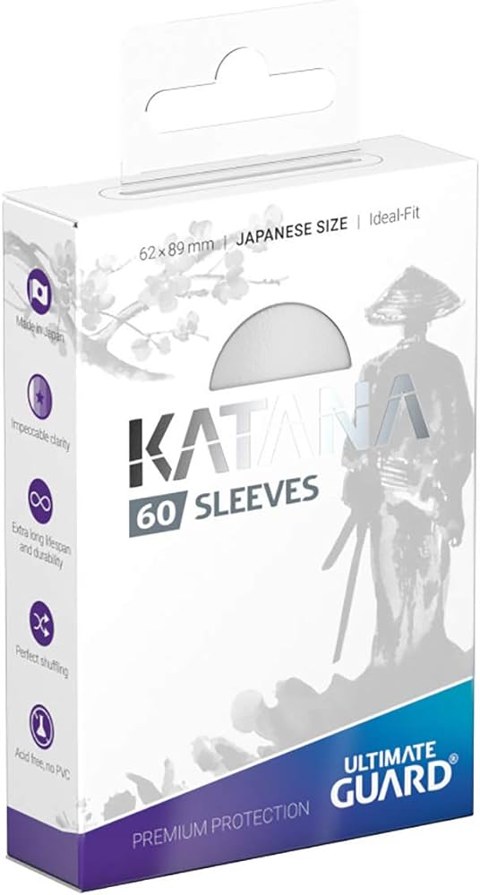 Embalagem branca Katana 60 sleeves proteção cartas Ultimate Guard com imagem samurai cinza