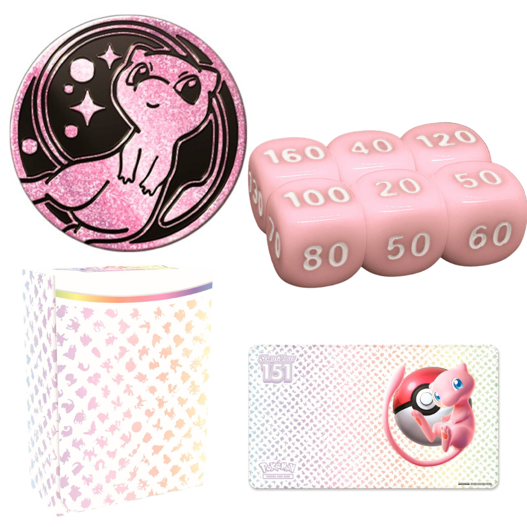 Produto Pokémon Mew com moeda, dados, caixa e carta holográfica