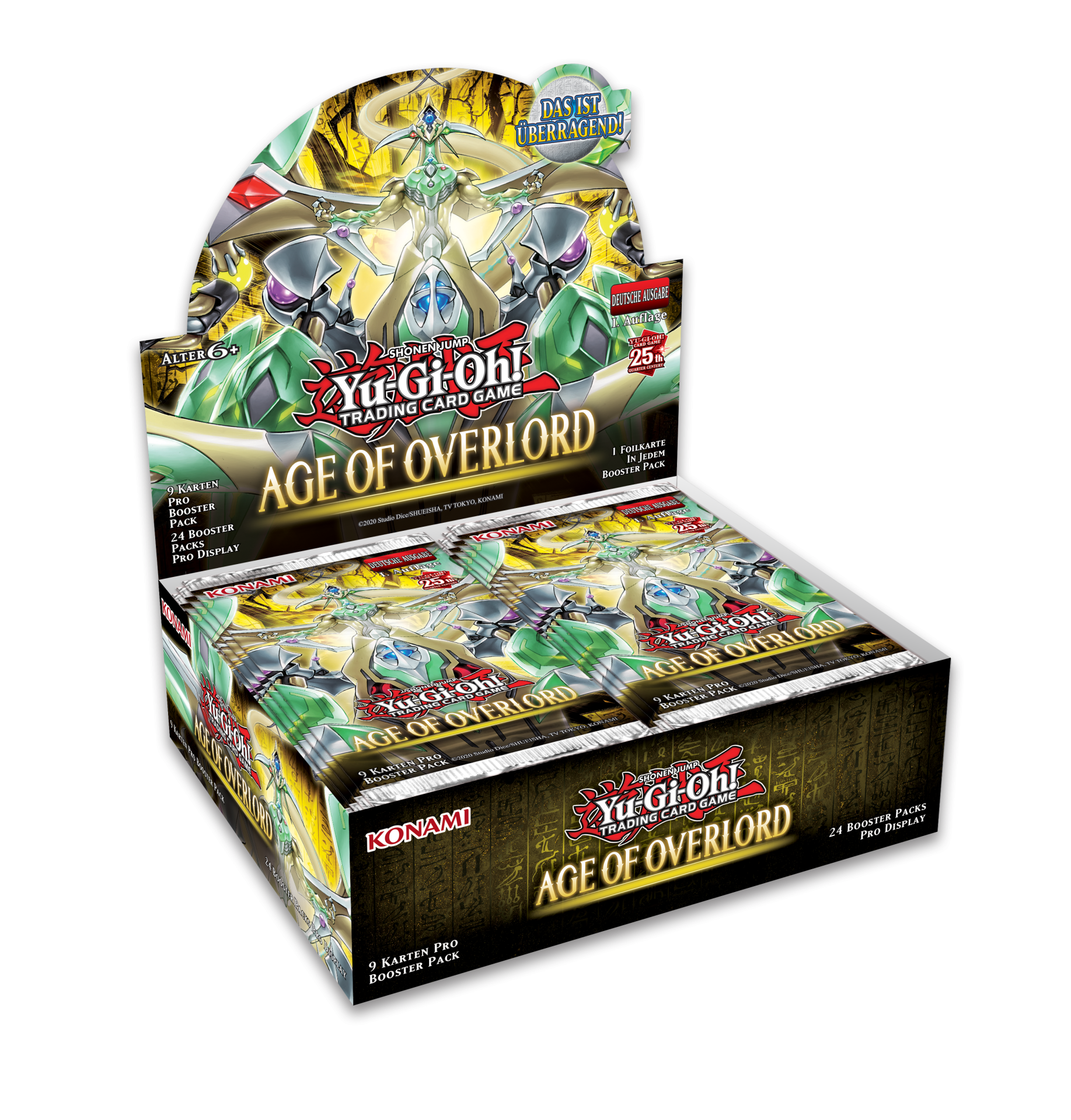 Expositor de boosters Yu-Gi-Oh! Age of Overlord com várias caixas abertas e ilustrações de personagens no fundo.