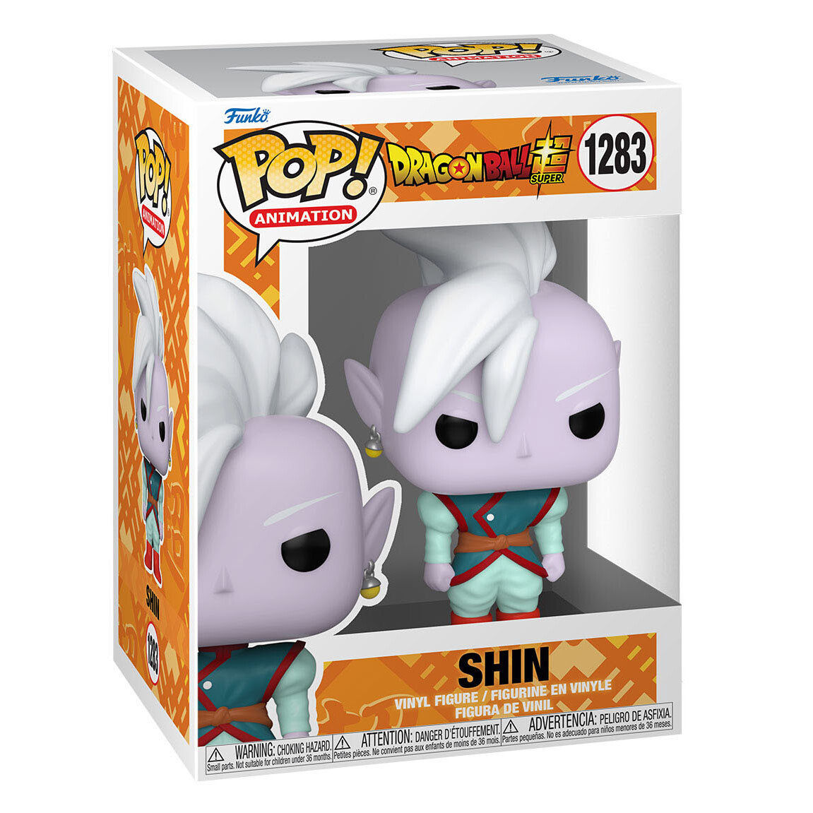 Figura Funko Pop! da personagem Shin de Dragon Ball Super em caixa laranja e branca