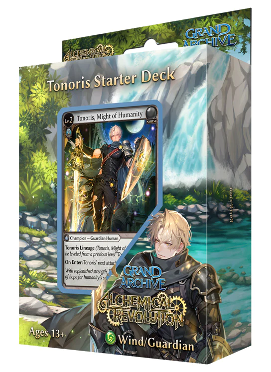 Embalação do jogo de cartas Grand Archive Alchemical Revolution com Tonoris Starter Deck e carta Tonoris, Might of Humanity.