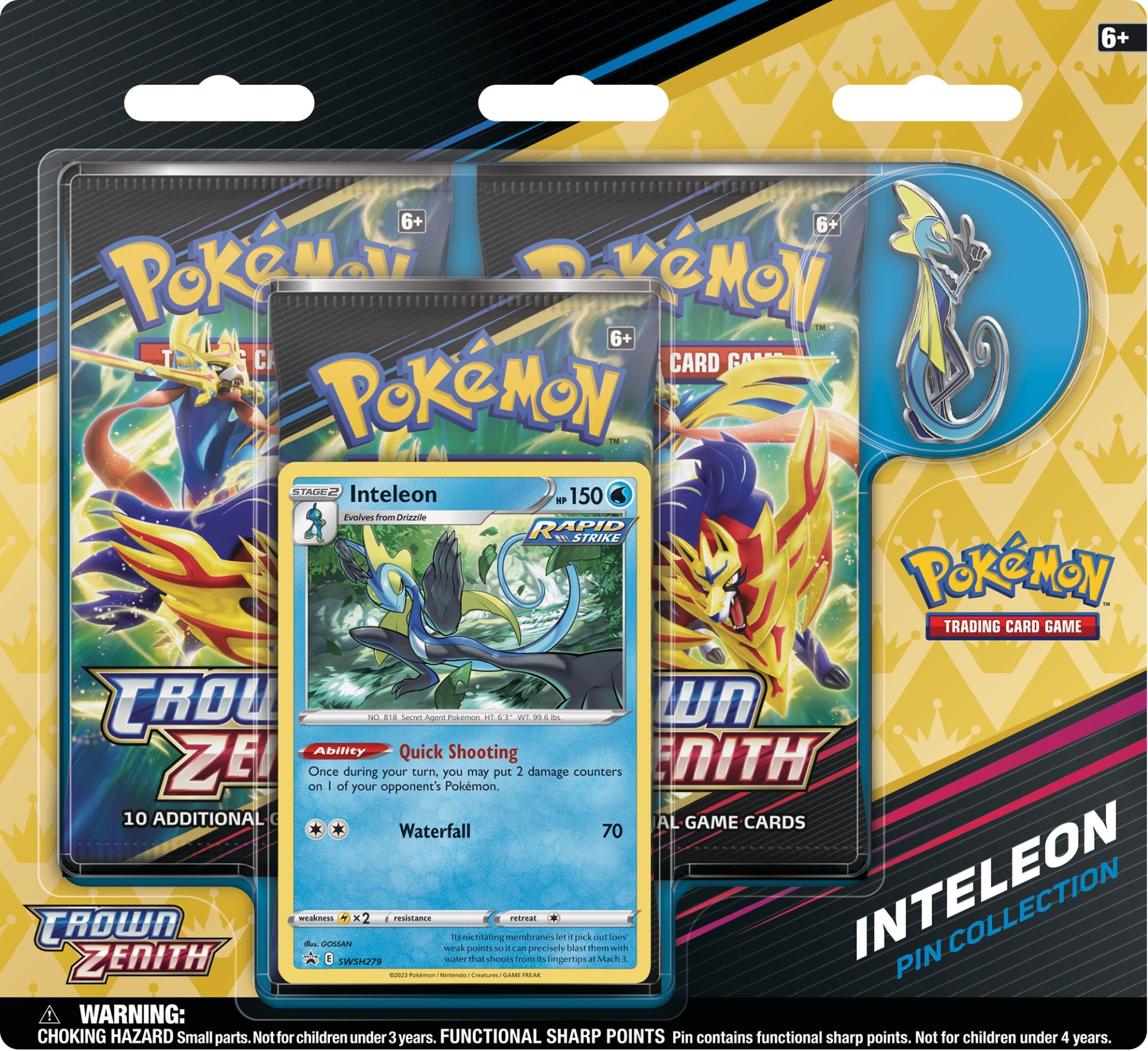 Conjunto Pokémon TCG com pacotes de cartas, cartão de Inteleon e pin Inteleon