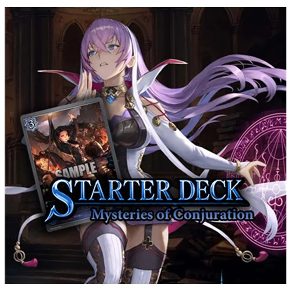 Personagem animada com carta de jogo e texto STARTER DECK Mysteries of Conjuration