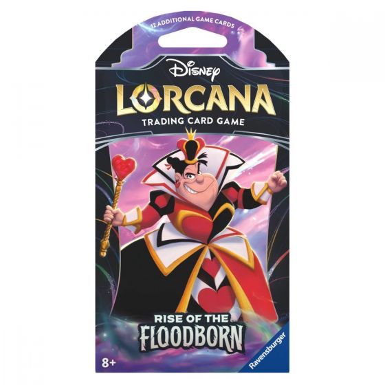 Pacote de cartas Disney Lorcana com personagem da Rainha de Copas e texto Rise of the Floodborn