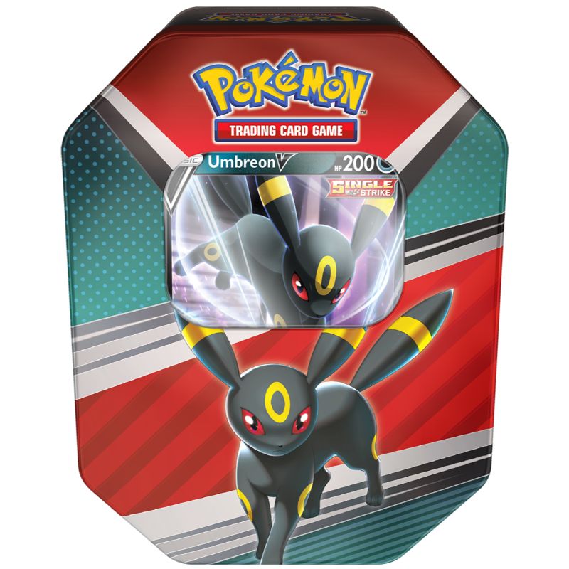 Lata metálica do jogo Pokémon com personagem Umbreon V e design colorido vermelho e preto