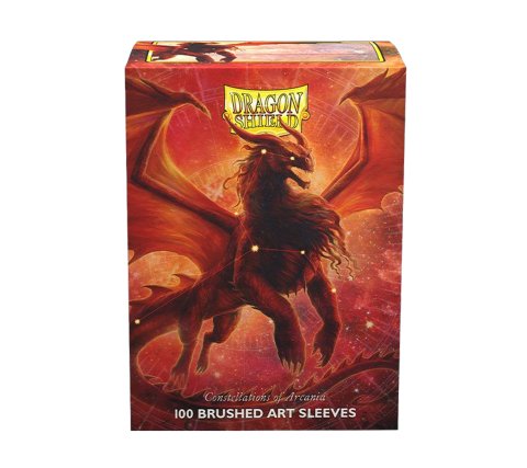 Caixa vermelha com imagem de dragão e texto Dragon Shield e 100 Brushed Art Sleeves
