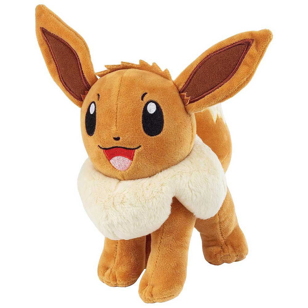 Pelúcia do Pokémon Eevee castanho com pêlo branco no pescoço.