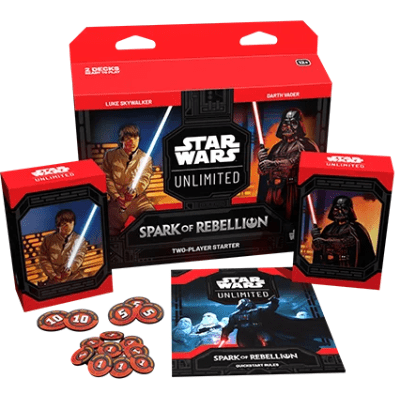 Jogo de cartas Star Wars Unlimited Spark of Rebellion com personagens Luke Skywalker e Darth Vader