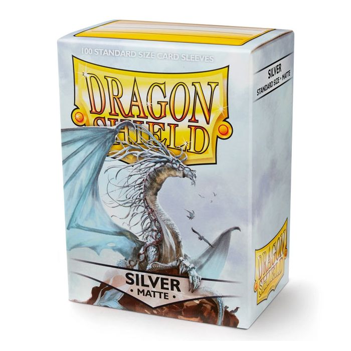 Embalagem de Dragon Shield para 100 sleeves de cartas silver matte com dragão prateado