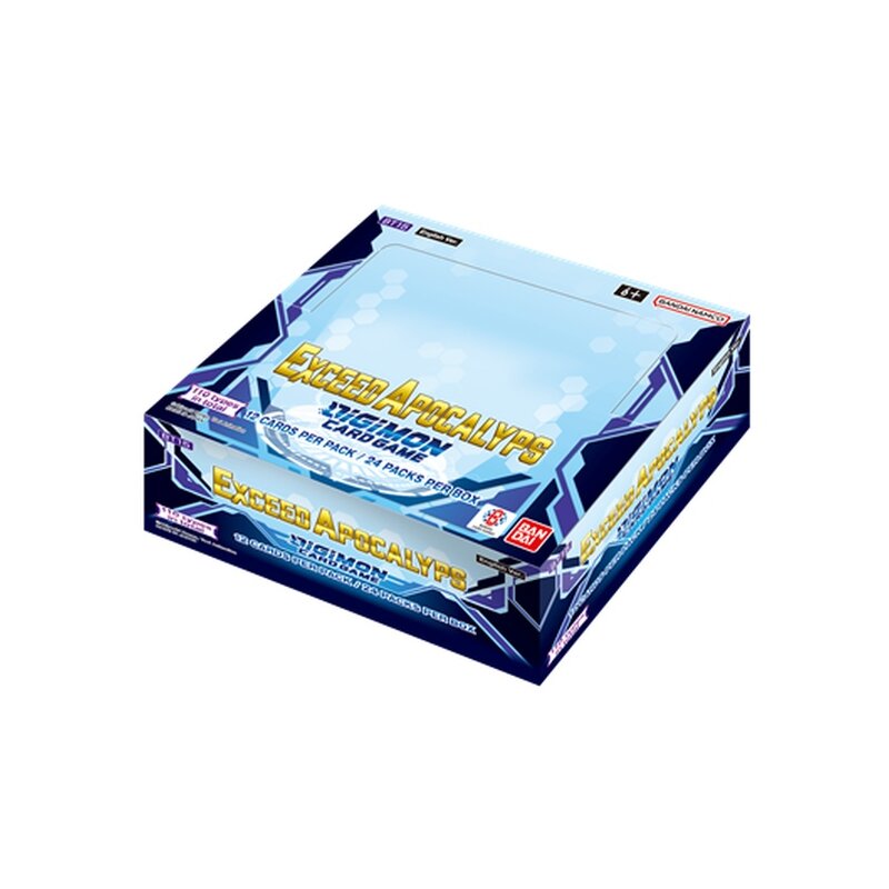 Caixa azul e branca do jogo de cartas Sigma Apocalyps com logotipos Bandai