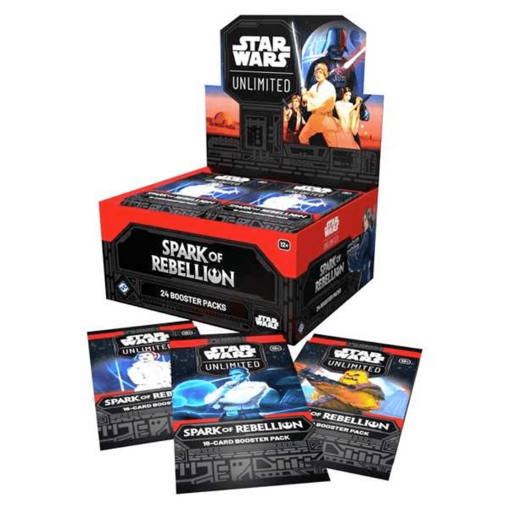 Caixa e booster packs do jogo Star Wars Unlimited Spark of Rebellion
