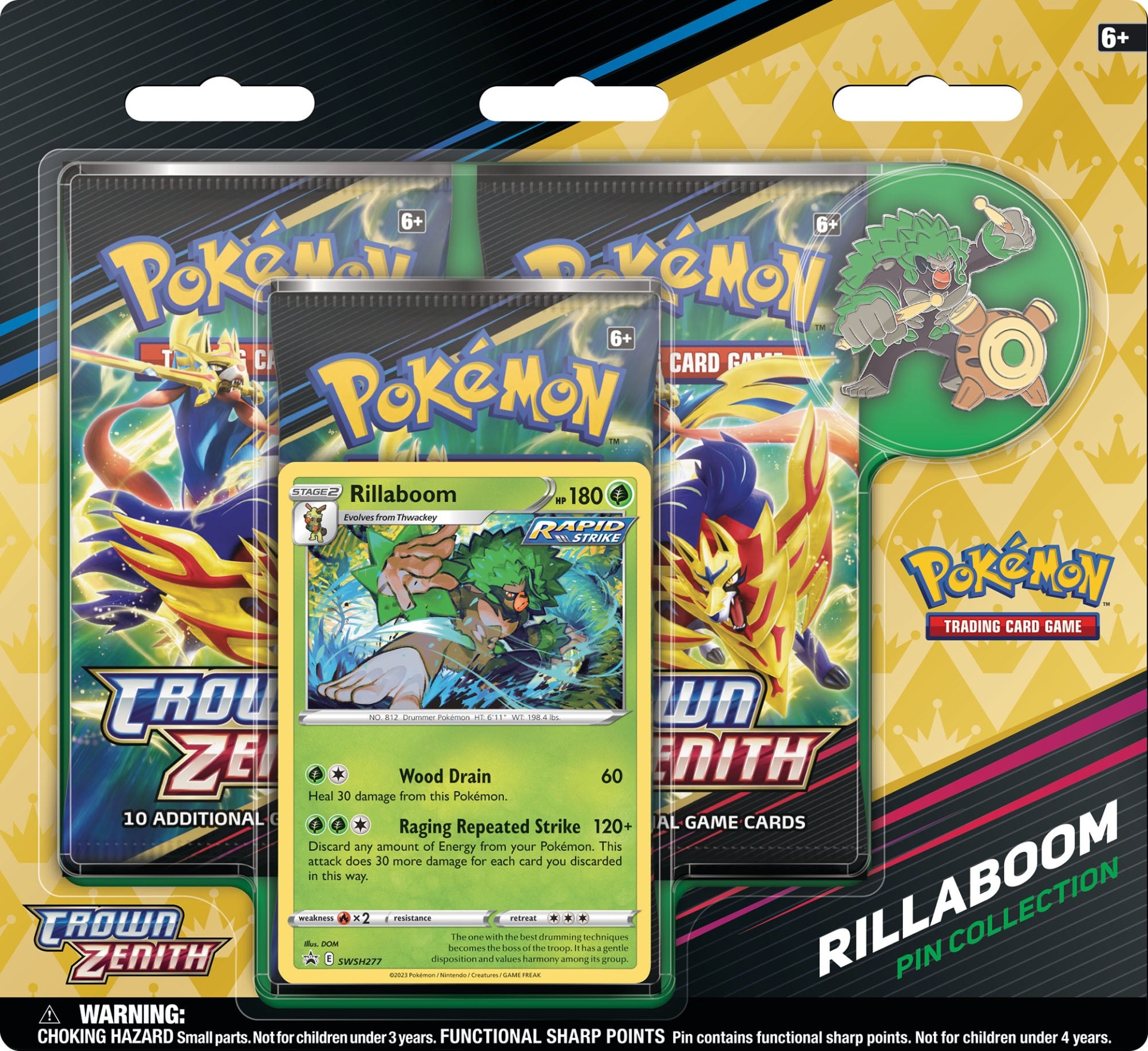 Conjunto de cartas Pokémon com dois pacotes e um pin de Rillaboom