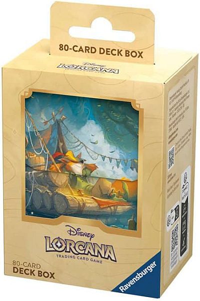 Caixa embalagem para baralho de cartas Disney Lorcana de cor bege com ilustração colorida de cenário fantástico