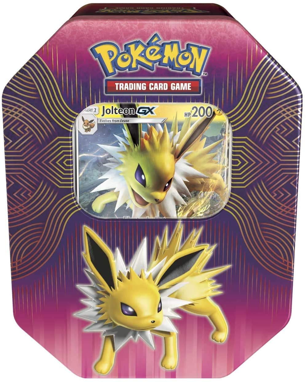 Caixa metálica do jogo de cartas Pokémon com imagem de Jolteon amarelado