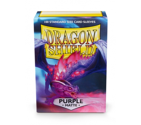 Caixa de sleeves para cartas Dragon Shield roxo matte com ilustração de dragão