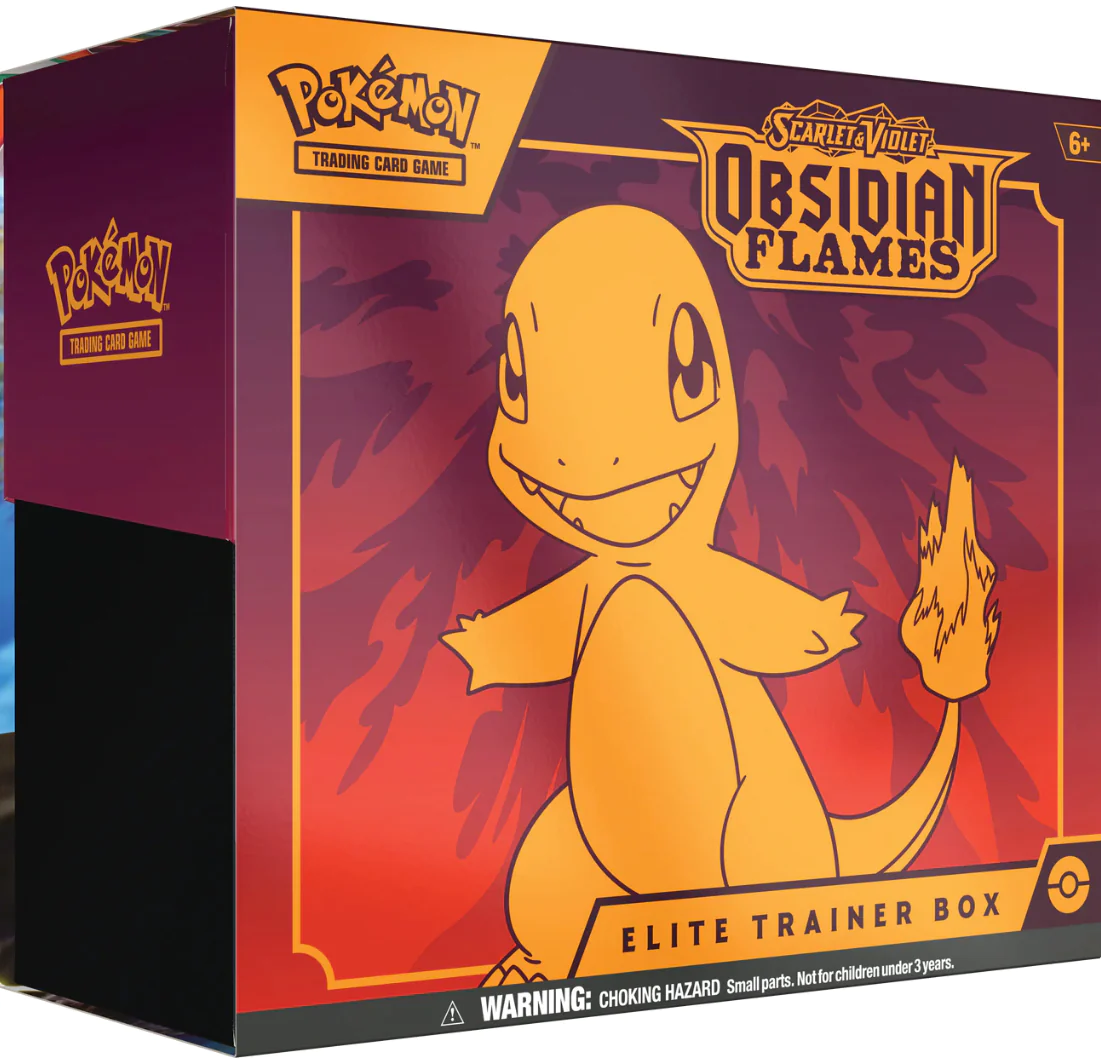 Caixa Pokémon Scarlet Violet Obsidian Flames Elite Trainer Box com Charmander laranja