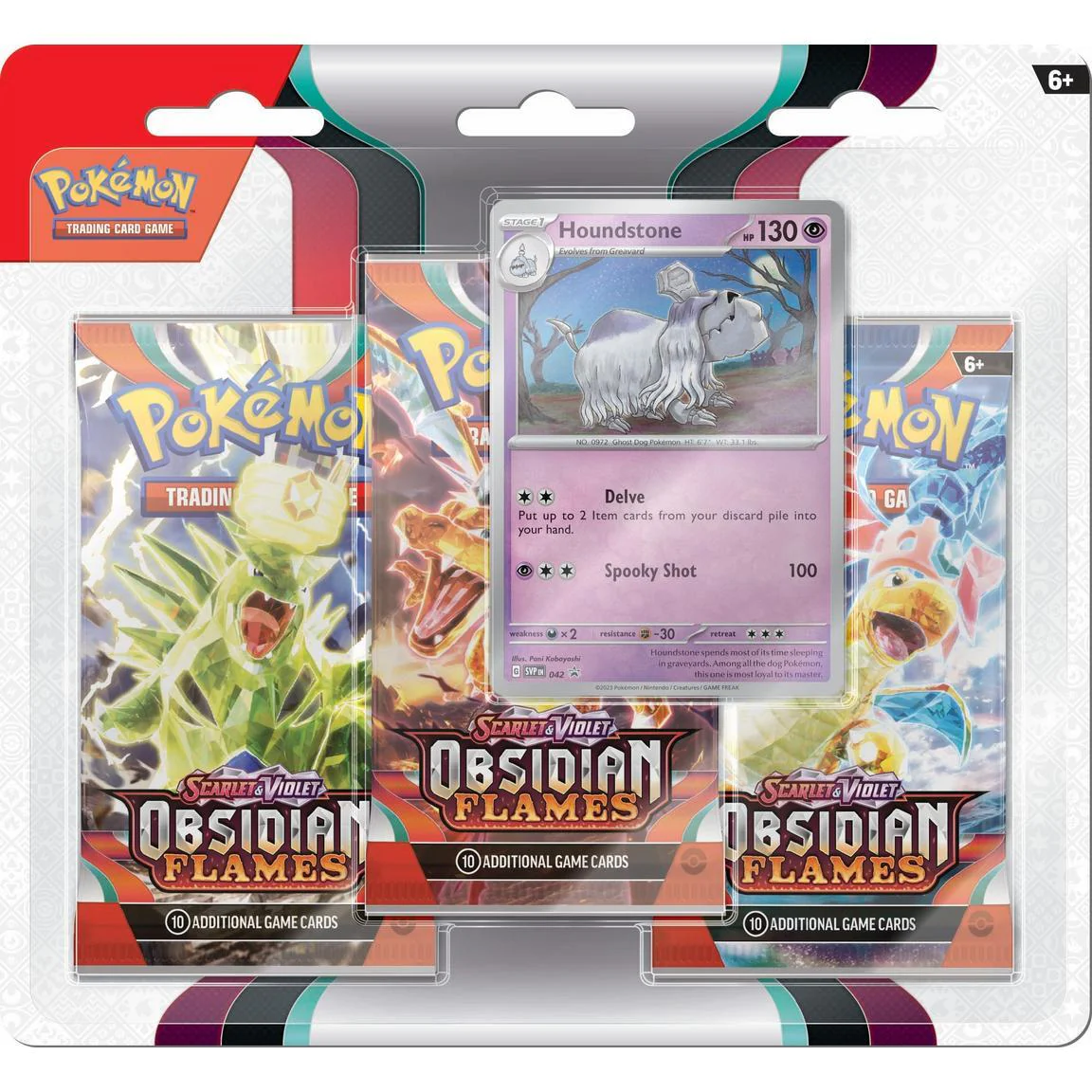 Pack Pokémon Trading Card Game com 3 boosters Obsidian Flames e carta Houndstone