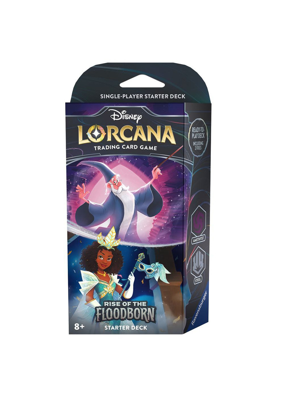 Caixa do jogo de cartas Disney Lorcana com personagens animados e texto informativo