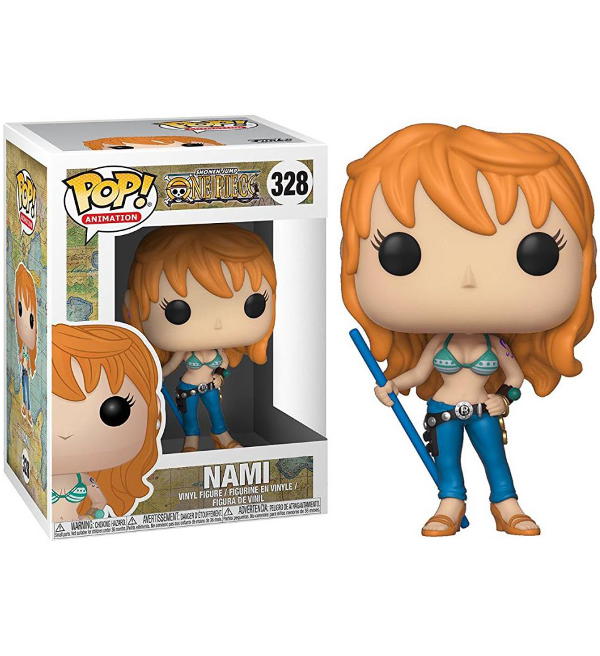 Figura Funko Pop Nami da One Piece com cabelo laranja e roupa azul na caixa.